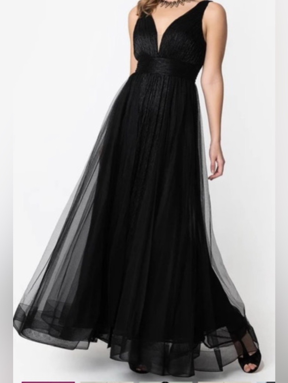 Cinderella Divine Collection Prom Black Shimmer V-Neck Tulle Maxi Gown
